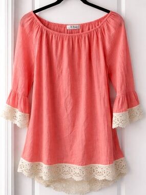 R. Rouge USA Coral Sheer Off Shoulder Top Lace Trim Bell Sleeve Boho M/L